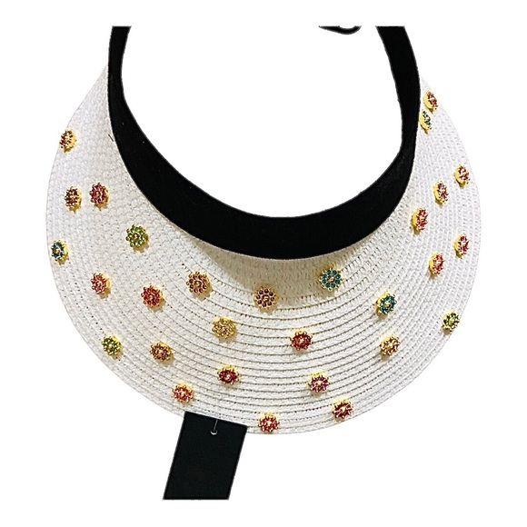 White black bejeweled faux precious‎ stones raffia straw sun visor hat new main image 15